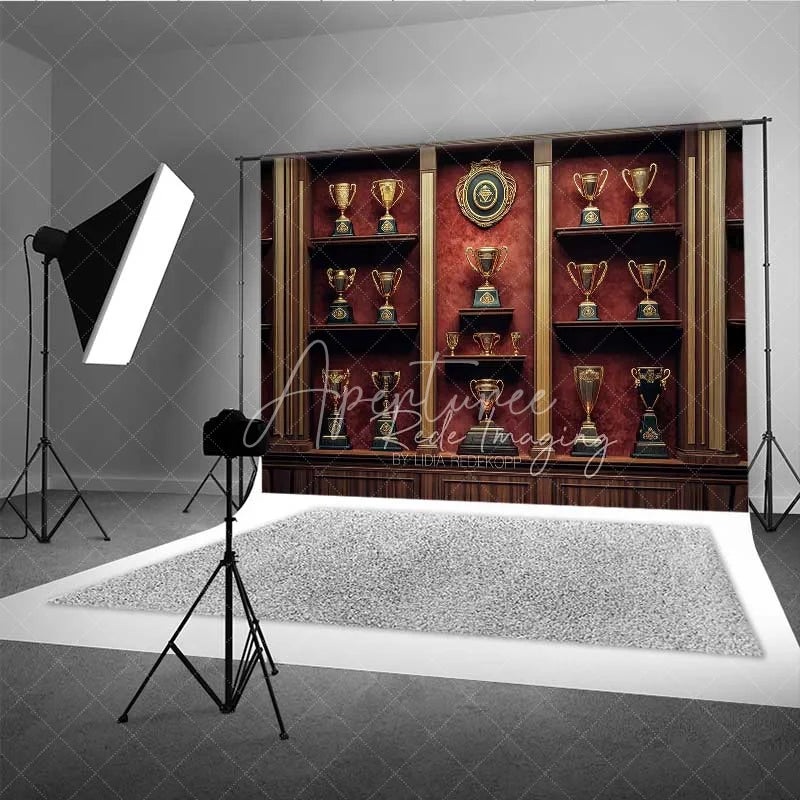 Aperturee - Aperturee Vintage Trophy Cabinet Shelf Photography Backdrop Gold Cup Champion Award Background