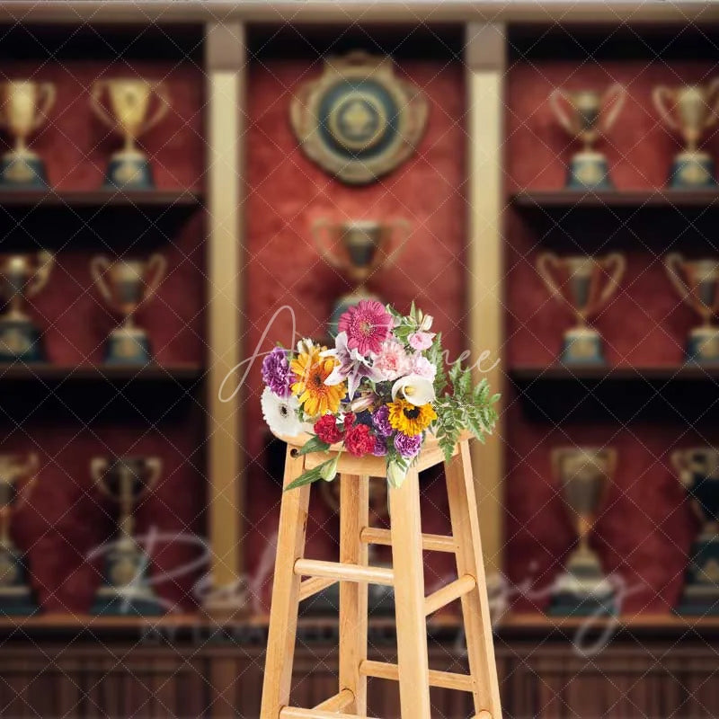 Aperturee - Aperturee Vintage Trophy Cabinet Shelf Photography Backdrop Gold Cup Champion Award Background