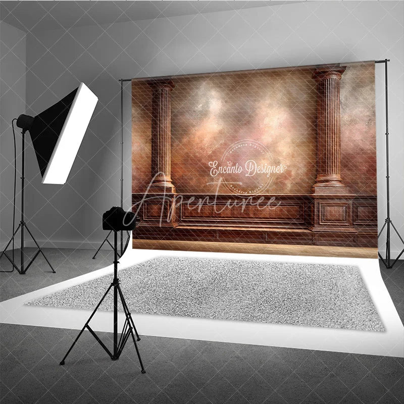 Aperturee - Aperturee Vintage Wall Photography Backdrop Ornate Wood Columns with Textured Wall Fine Art Portrait Background
