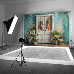 Aperturee - Aperturee Vintage White Door Easter Photography Backdrop Hanging Carrots and Potted Spring Tulips Studio Background