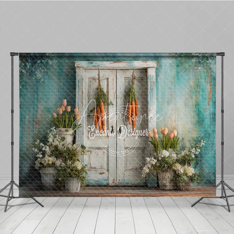Aperturee - Aperturee Vintage White Door Easter Photography Backdrop Hanging Carrots and Potted Spring Tulips Studio Background
