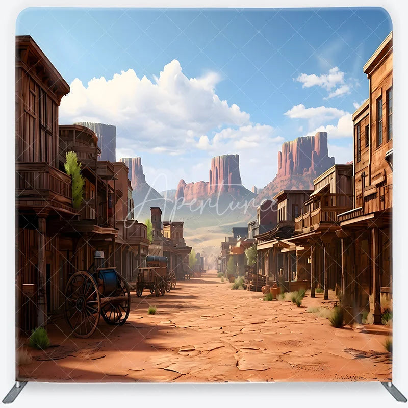 Aperturee - Aperturee Vintage Wild West Town Square Double-Sided Backdrop Desert Landscape with Rustic Buildings