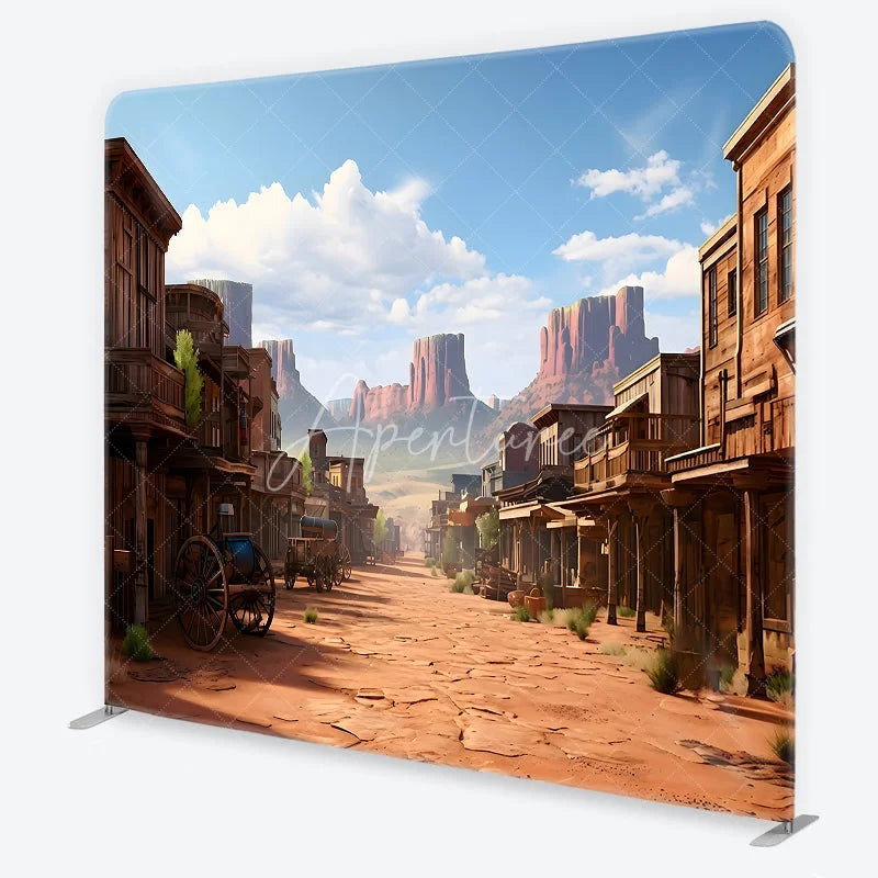 Aperturee - Aperturee Vintage Wild West Town Square Double-Sided Backdrop Desert Landscape with Rustic Buildings