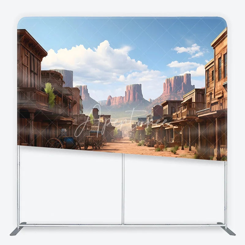 Aperturee - Aperturee Vintage Wild West Town Square Double-Sided Backdrop Desert Landscape with Rustic Buildings