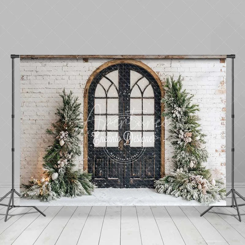 Aperturee - Aperturee Vintage Winter Door Backdrop Black Arched Grid Window Snowy Greenery White Brick Wall Photo Background