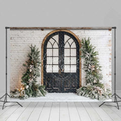 Aperturee - Aperturee Vintage Winter Door Backdrop Black Arched Grid Window Snowy Greenery White Brick Wall Photo Background