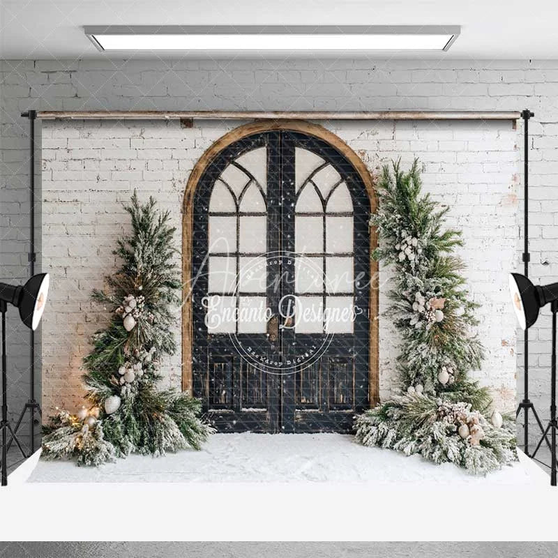 Aperturee - Aperturee Vintage Winter Door Backdrop Black Arched Grid Window Snowy Greenery White Brick Wall Photo Background