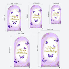 Aperturee - Aperturee Violet Floral Butterfly Happy Birthday Arch Backdrop