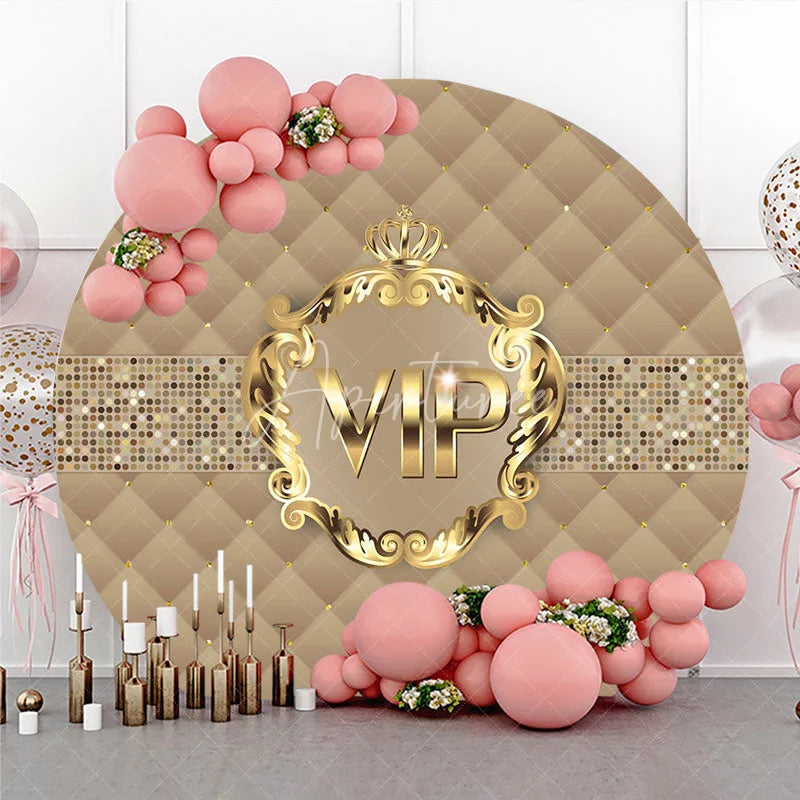 Aperturee - Aperturee VIP Party Round Backdrop Luxury Gold Quilted Pattern Decoration Royal Crown Birthday Background