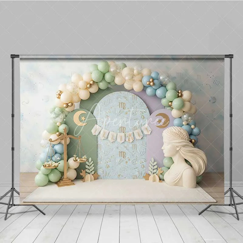 Aperturee - Aperturee Virgo Zodiac Cake Smash Backdrop Goddess Statue and Pastel Balloons Party Background