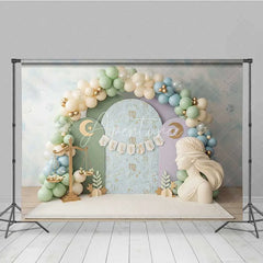 Aperturee - Aperturee Virgo Zodiac Cake Smash Backdrop Goddess Statue and Pastel Balloons Party Background