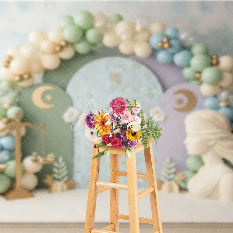 Aperturee - Aperturee Virgo Zodiac Cake Smash Backdrop Goddess Statue and Pastel Balloons Party Background