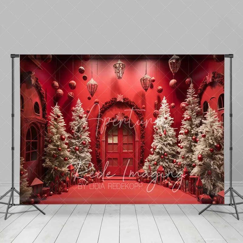Aperturee - Aperturee Vivid Red Christmas Room Backdrop White Flocked Trees Red Ornaments Arched Door Photo Background