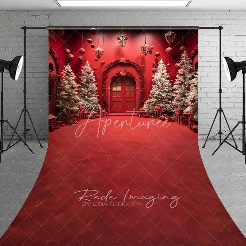 Aperturee - Aperturee Vivid Red Christmas Room Sweep Backdrop White Flocked Trees Arched Door Red Floor Photo Background