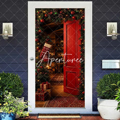 Aperturee - Aperturee Warm and Inviting Red Christmas Door Cover with Festive Garland Pinecones and Cozy Holiday Interior Scene