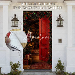 Aperturee - Aperturee Warm and Inviting Red Christmas Door Cover with Festive Garland Pinecones and Cozy Holiday Interior Scene