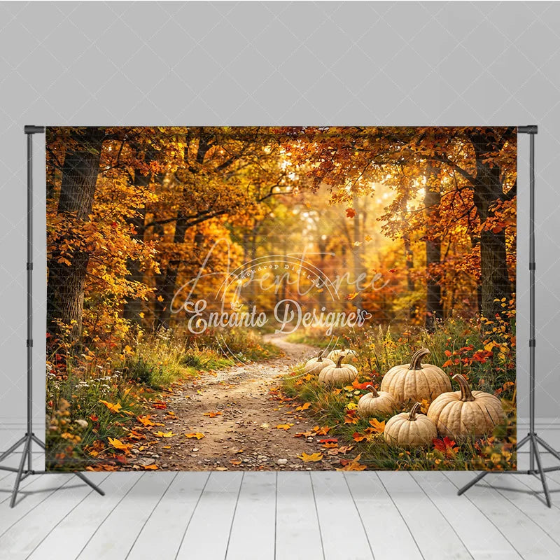 Aperturee - Aperturee Warm Autumn Forest Photography Backdrop with Golden Light and Pumpkins Fall Harvest Scenic Decor
