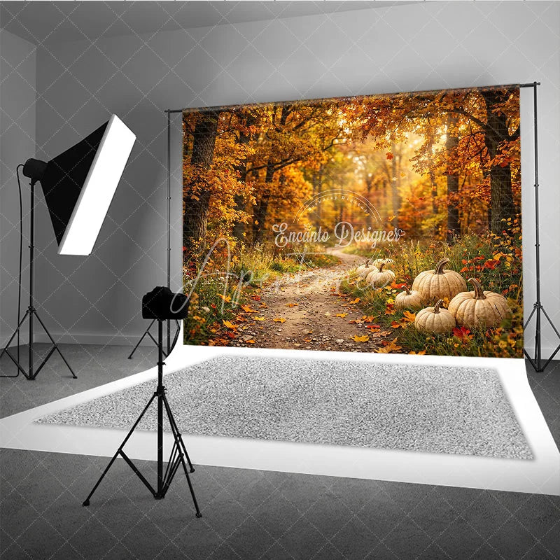 Aperturee - Aperturee Warm Autumn Forest Photography Backdrop with Golden Light and Pumpkins Fall Harvest Scenic Decor
