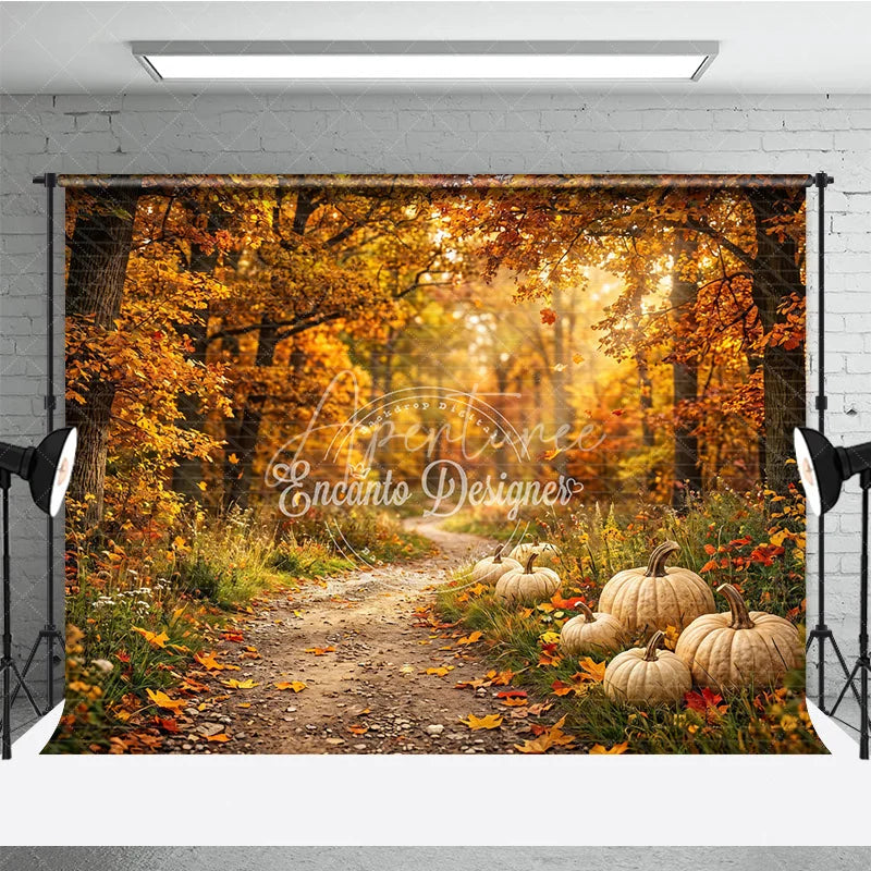 Aperturee - Aperturee Warm Autumn Forest Photography Backdrop with Golden Light and Pumpkins Fall Harvest Scenic Decor