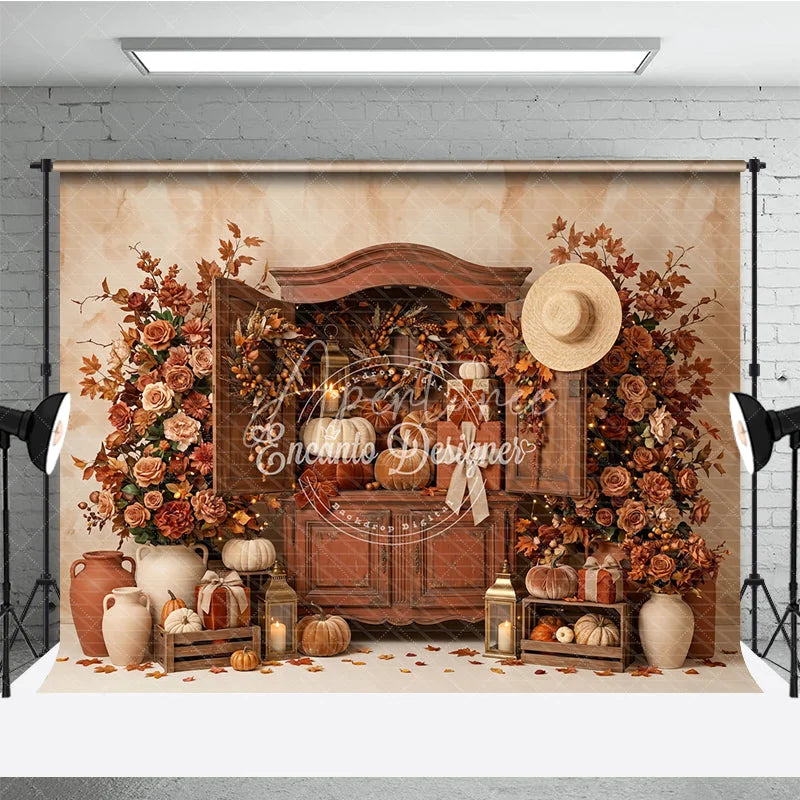 Aperturee - Aperturee Warm Autumn Harvest Photography Backdrop with Rustic Cabinet Pumpkins and Fall Leaves Decor for Thanksgiving