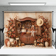 Aperturee - Aperturee Warm Autumn Harvest Photography Backdrop with Rustic Cabinet Pumpkins and Fall Leaves Decor for Thanksgiving