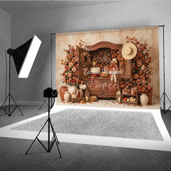 Aperturee - Aperturee Warm Autumn Harvest Photography Backdrop with Rustic Cabinet Pumpkins and Fall Leaves Decor for Thanksgiving