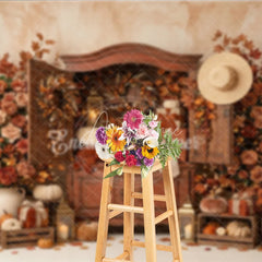 Aperturee - Aperturee Warm Autumn Harvest Photography Backdrop with Rustic Cabinet Pumpkins and Fall Leaves Decor for Thanksgiving