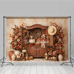 Aperturee - Aperturee Warm Autumn Harvest Photography Backdrop with Rustic Cabinet Pumpkins and Fall Leaves Decor for Thanksgiving