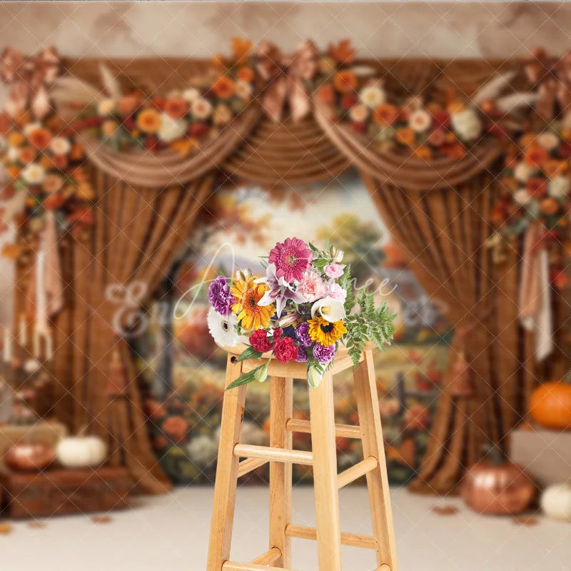 Aperturee - Aperturee Warm Autumn Harvest Photography Backdrop with Rustic Farmhouse Scene Elegant Velvet Curtains and Fall Floral Decor