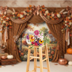 Aperturee - Aperturee Warm Autumn Harvest Photography Backdrop with Rustic Farmhouse Scene Elegant Velvet Curtains and Fall Floral Decor