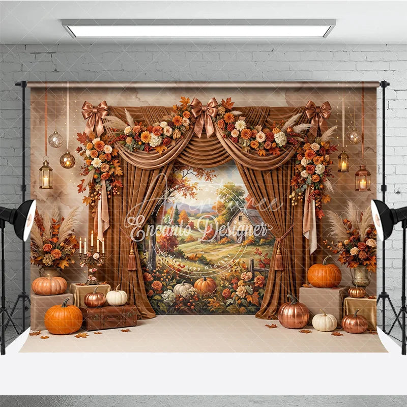 Aperturee - Aperturee Warm Autumn Harvest Photography Backdrop with Rustic Farmhouse Scene Elegant Velvet Curtains and Fall Floral Decor