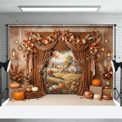 Aperturee - Aperturee Warm Autumn Harvest Photography Backdrop with Rustic Farmhouse Scene Elegant Velvet Curtains and Fall Floral Decor