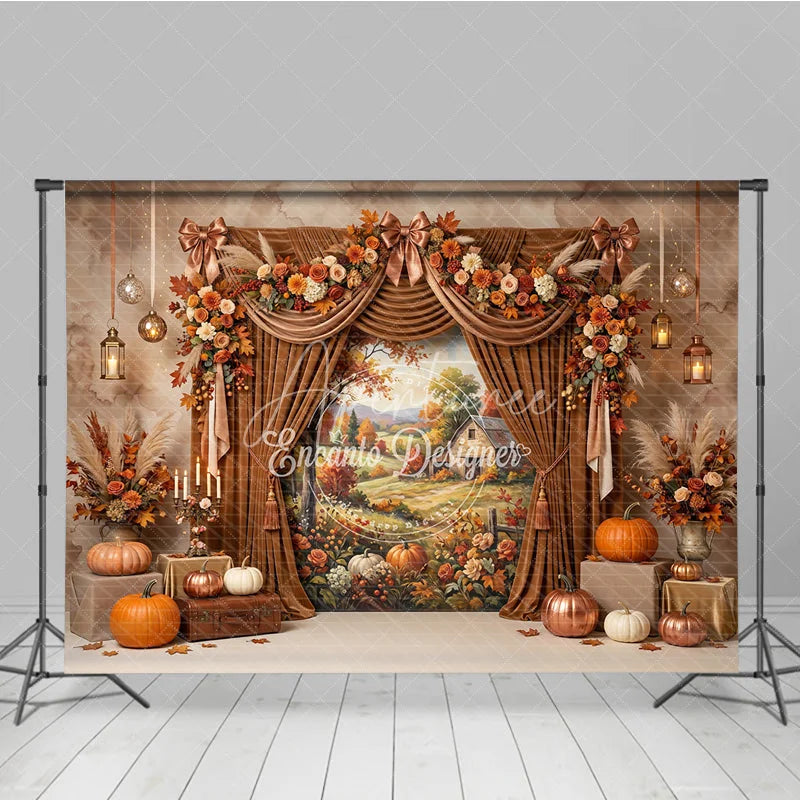 Aperturee - Aperturee Warm Autumn Harvest Photography Backdrop with Rustic Farmhouse Scene Elegant Velvet Curtains and Fall Floral Decor