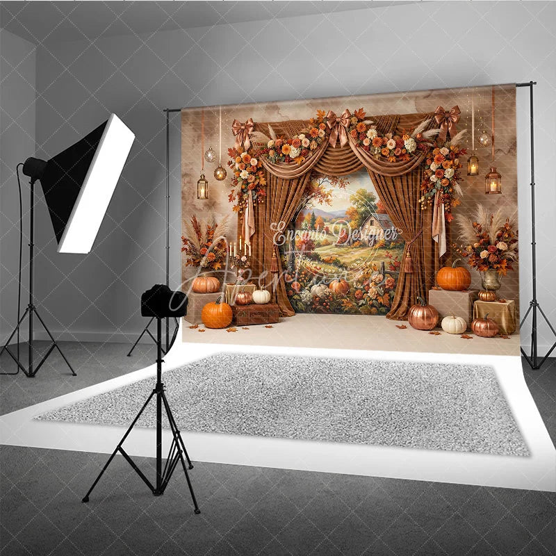 Aperturee - Aperturee Warm Autumn Harvest Photography Backdrop with Rustic Farmhouse Scene Elegant Velvet Curtains and Fall Floral Decor