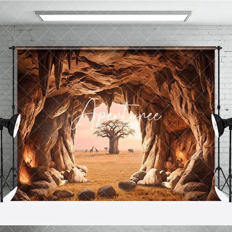 Aperturee - Aperturee Warm Earthy African Savanna Cave Entrance Photography Backdrop with Baobab Tree and Wildlife Sunset View
