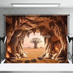 Aperturee - Aperturee Warm Earthy African Savanna Cave Entrance Photography Backdrop with Baobab Tree and Wildlife Sunset View