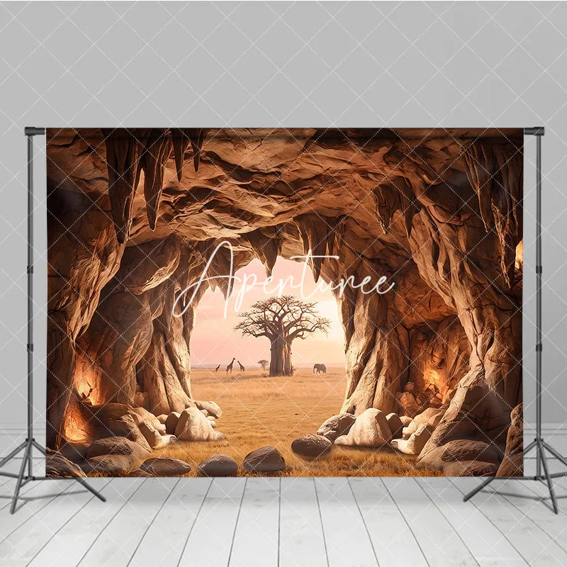 Aperturee - Aperturee Warm Earthy African Savanna Cave Entrance Photography Backdrop with Baobab Tree and Wildlife Sunset View
