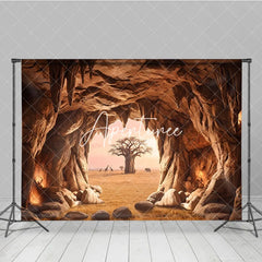 Aperturee - Aperturee Warm Earthy African Savanna Cave Entrance Photography Backdrop with Baobab Tree and Wildlife Sunset View