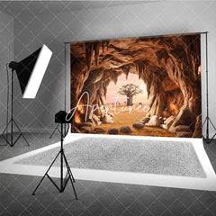 Aperturee - Aperturee Warm Earthy African Savanna Cave Entrance Photography Backdrop with Baobab Tree and Wildlife Sunset View