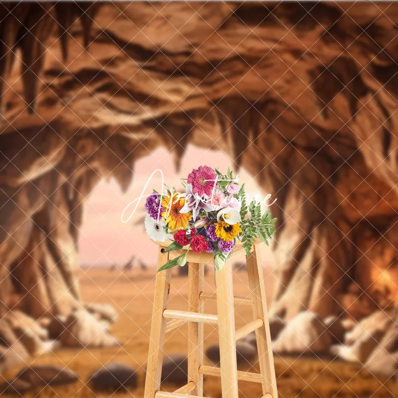 Aperturee - Aperturee Warm Earthy African Savanna Cave Entrance Photography Backdrop with Baobab Tree and Wildlife Sunset View
