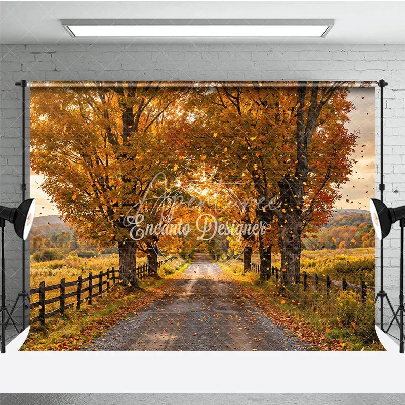 Aperturee - Aperturee Warm Golden Autumn Trees Photography Backdrop with Falling Leaves Scenic Gravel Road and Rustic Wooden Fence