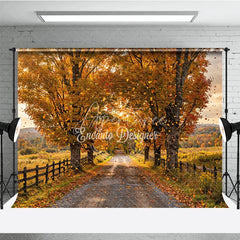 Aperturee - Aperturee Warm Golden Autumn Trees Photography Backdrop with Falling Leaves Scenic Gravel Road and Rustic Wooden Fence