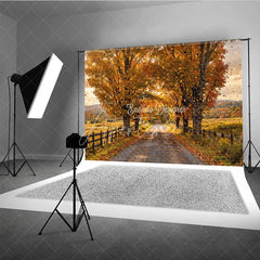 Aperturee - Aperturee Warm Golden Autumn Trees Photography Backdrop with Falling Leaves Scenic Gravel Road and Rustic Wooden Fence