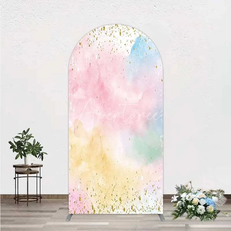 Aperturee - Aperturee Watercolor Abstract Arch Backdrop Pastel Clouds and Gold Glitter Dust Party Decoration