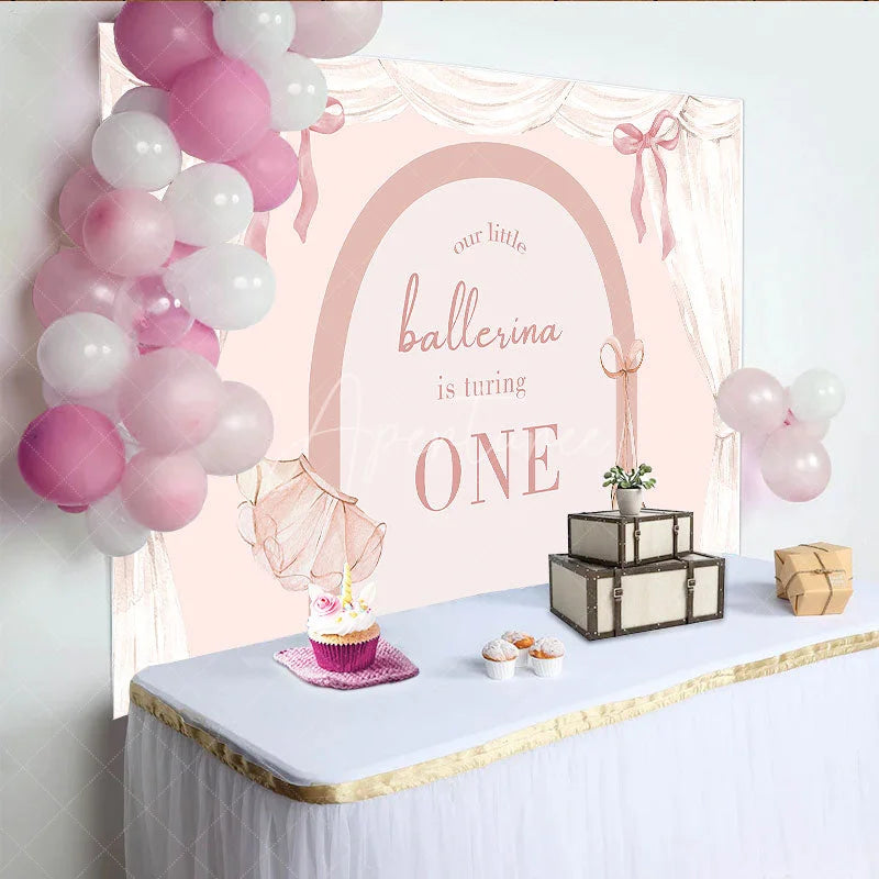 Aperturee - Aperturee Watercolor Ballerina 1st Birthday Backdrop Pink Floral Arch and Ballet Shoes Girl Party Banner