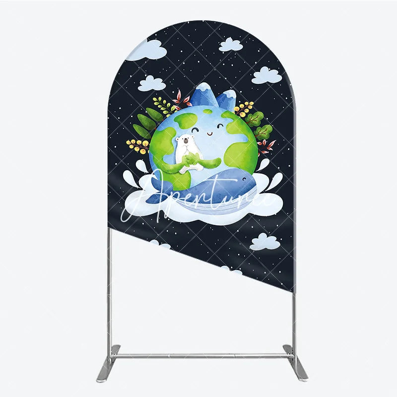 Aperturee - Aperturee Watercolor Cartoon Earth Polar Bear Whale Round Top Arch Backdrop Nature Theme Baby Shower Birthday Party Decor