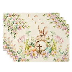 Aperturee - Aperturee Watercolor Cross Egg Easter Bunny Set of 4 Placemats Pink Floral Rabbit Table Mats for Holy Day