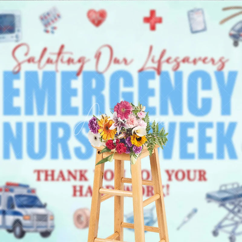 Aperturee - Aperturee Watercolor Emergency Nurses Week Holiday Backdrop Saluting Lifesavers and Thank You Decor