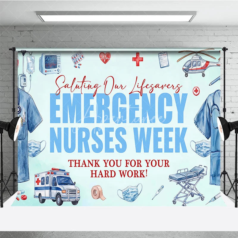 Aperturee - Aperturee Watercolor Emergency Nurses Week Holiday Backdrop Saluting Lifesavers and Thank You Decor