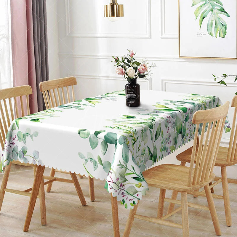 Aperturee - Aperturee Watercolor Eucalyptus and Purple Bud Rectangle Tablecloth Green Vine Botanical Table Cover Garden Decor